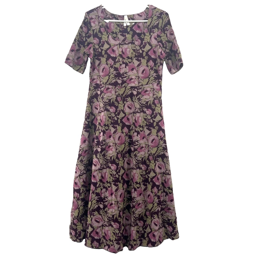 Pact Dress Sz M Floral Purple Organic Cotton Stretch Comfort Fit & Flare Natural